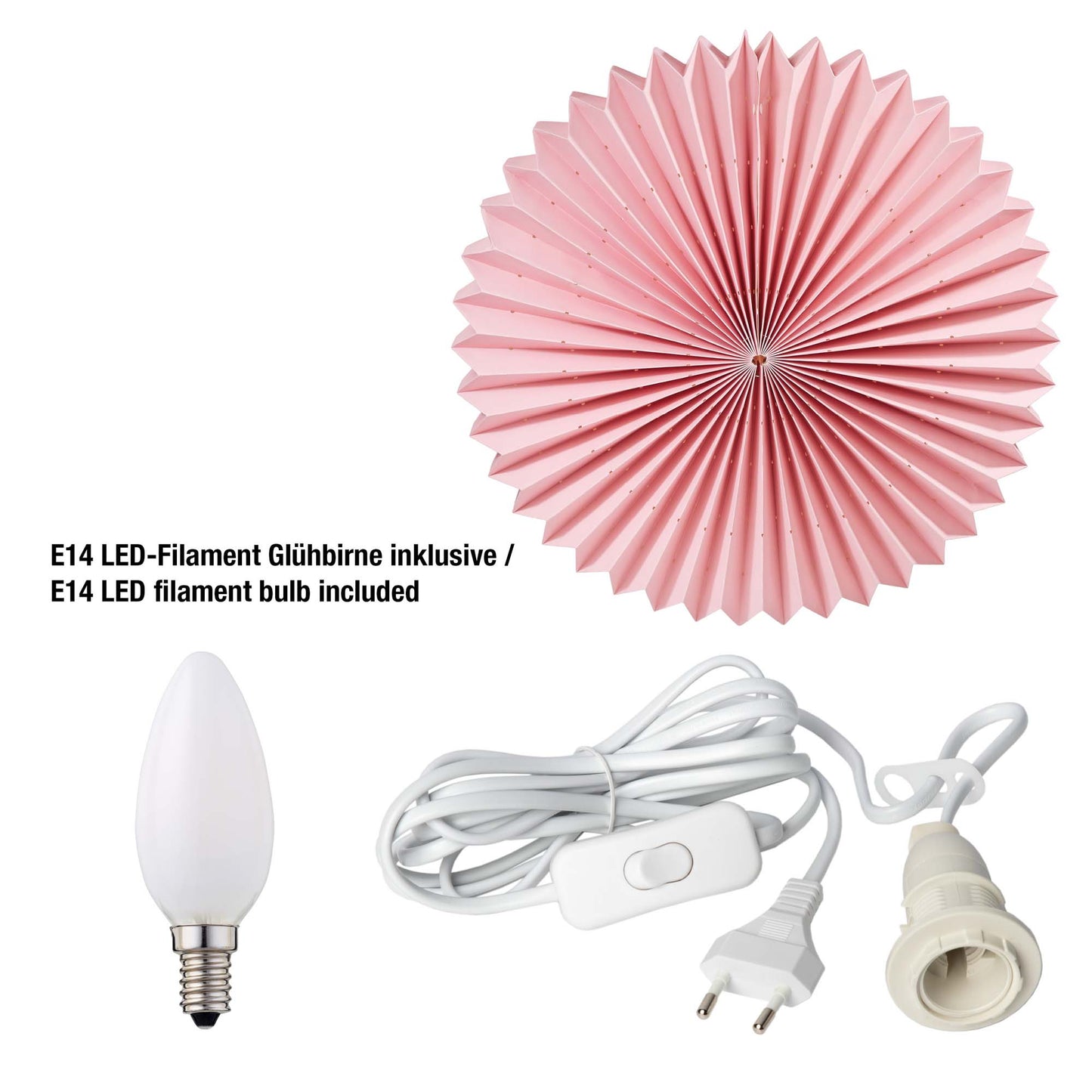 Papierlampion "Sunny", pink, hängend, weißes Kabel, E14, mit Schalter, Ø 40 cm, für innen, inkl. Lampe