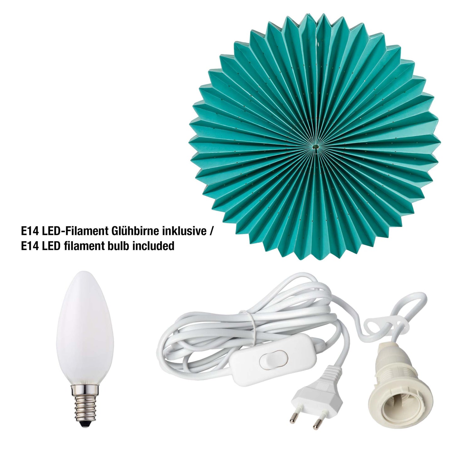 Papierlampion "Sunny", grün, hängend, weißes Kabel, E14, mit Schalter, Ø 40 cm, für innen, inkl. Lampe