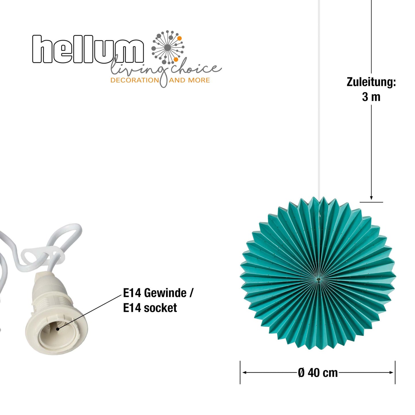 Papierlampion "Sunny", grün, hängend, weißes Kabel, E14, mit Schalter, Ø 40 cm, für innen, inkl. Lampe