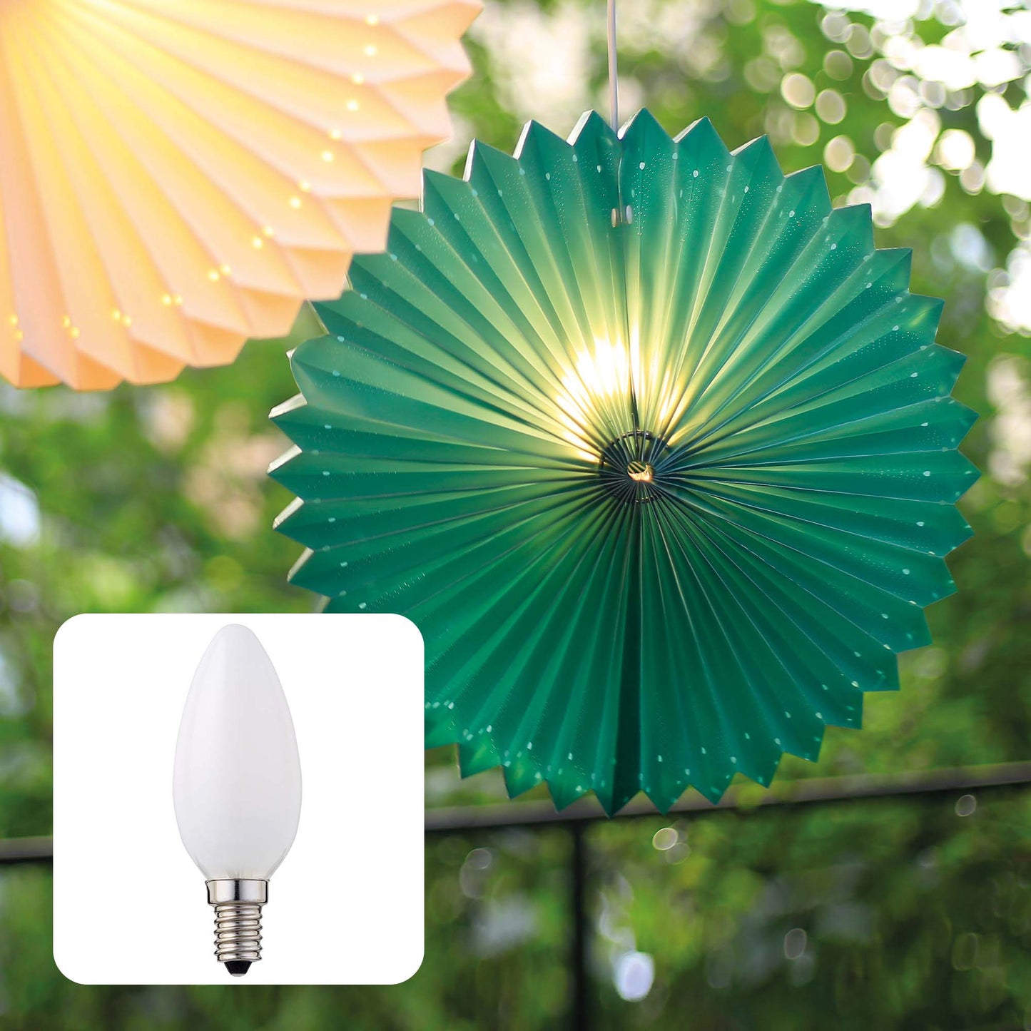 Papierlampion "Sunny", grün, hängend, weißes Kabel, E14 Sockel, mit Schalter, Ø 60 cm, für außen, inkl. Lampe