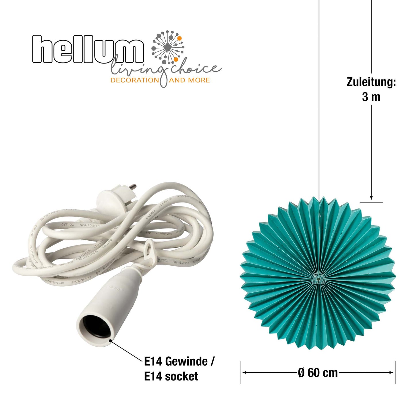 Papierlampion "Sunny", grün, hängend, weißes Kabel, E14 Sockel, mit Schalter, Ø 60 cm, für außen, inkl. Lampe