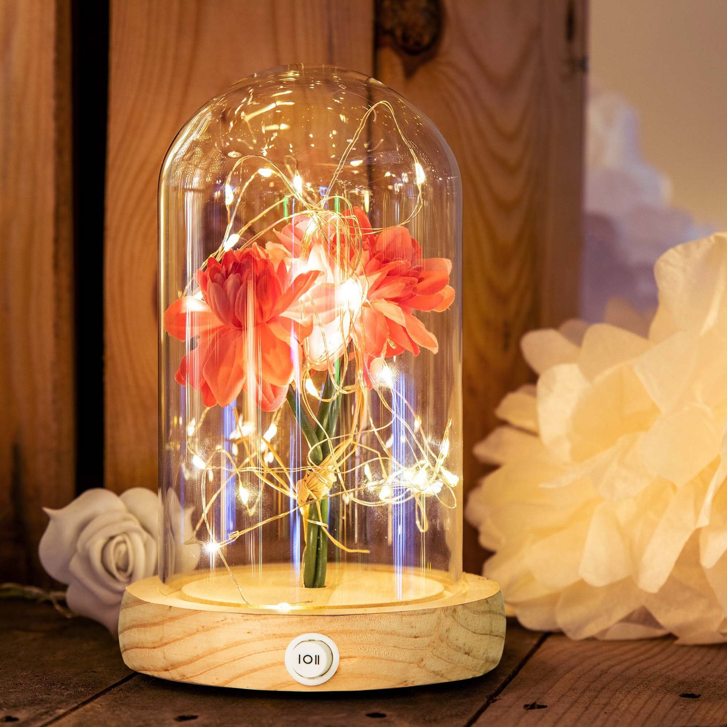 LED-Glas-Glocke (abnehmbar für eigene Dekorationsideen), mit 6h Timer, batteriebetrieben