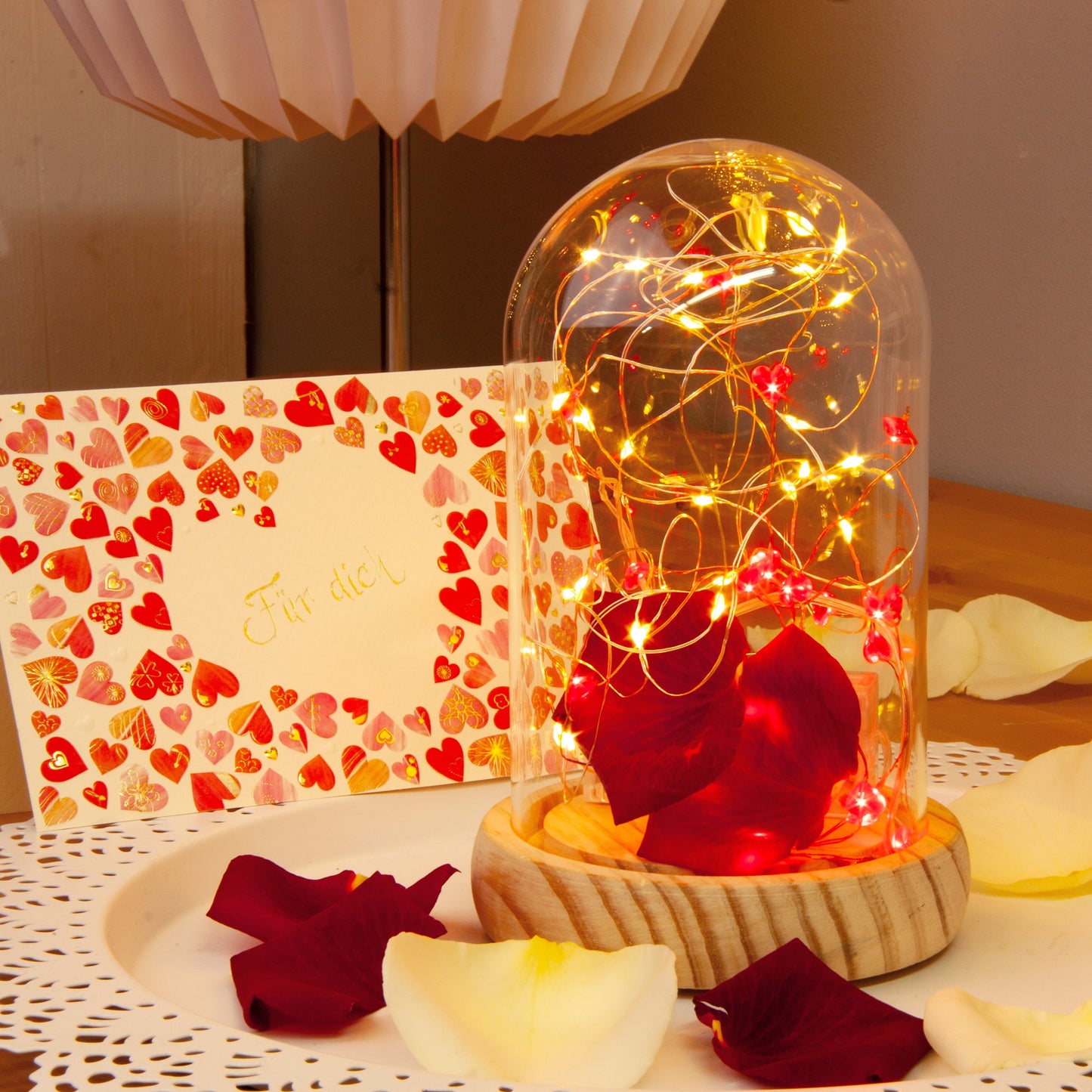 Set LED-Glas-Glocke mit Timer und LED Lichterkette Herzen 523713+570854, batteriebetrieben