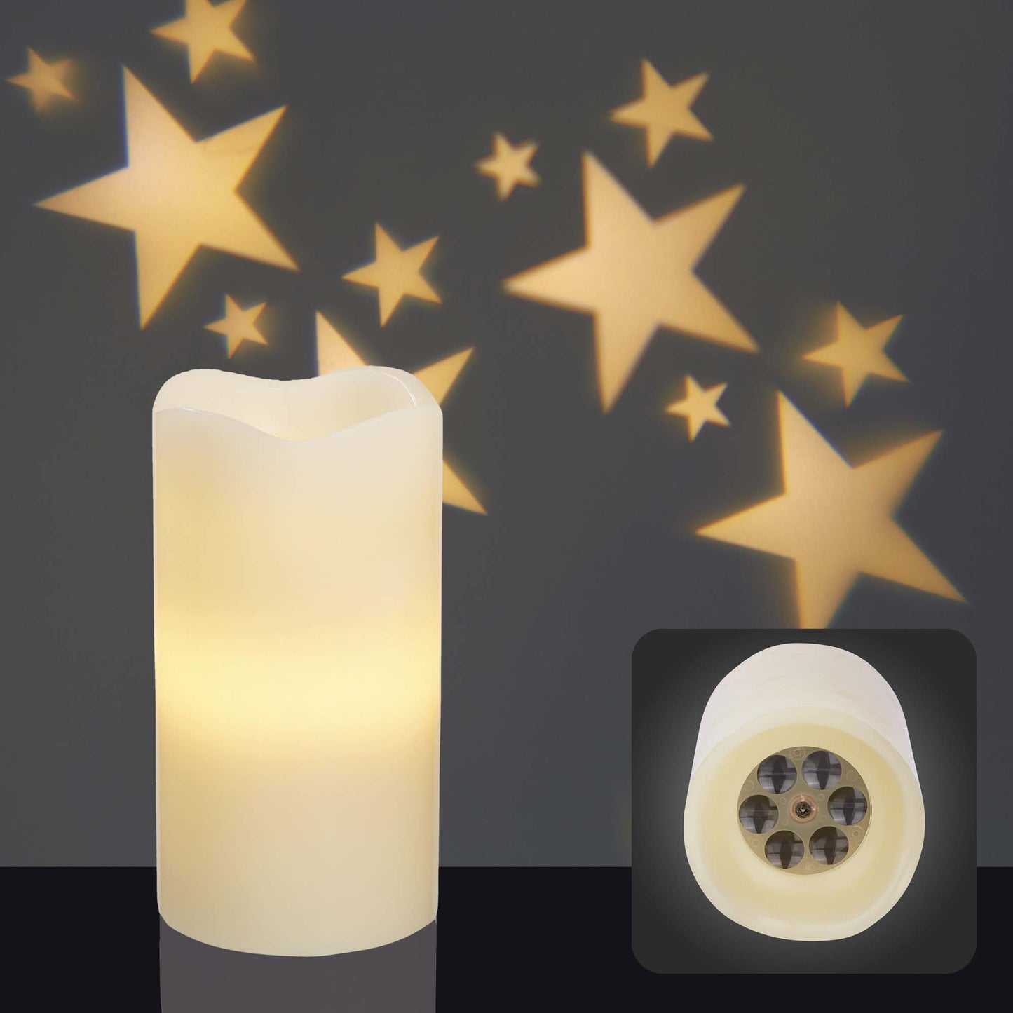 LED-Wachskerze mit Sternenprojektion, mit Timer, batteriebetrieben
