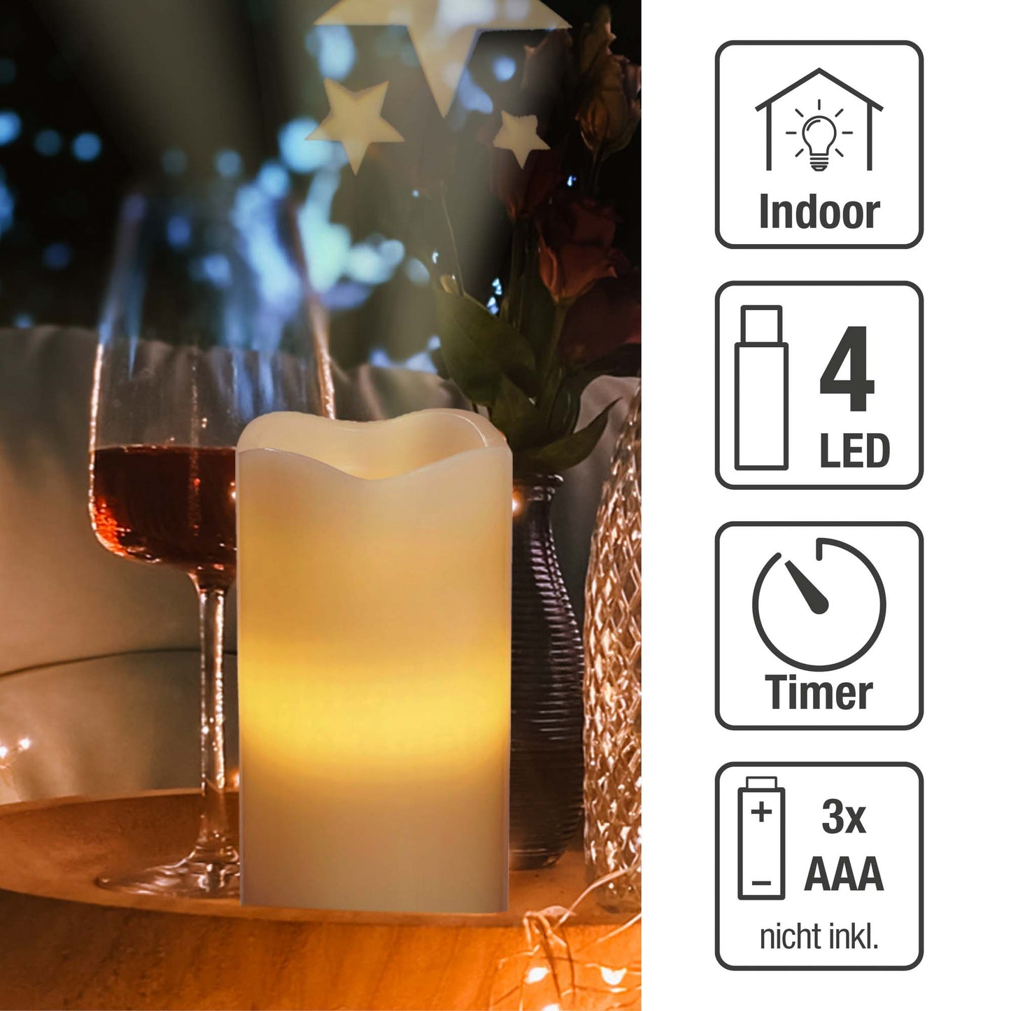 LED-Wachskerze mit Sternenprojektion, batteriebetrieben mit Timer_150377/524055