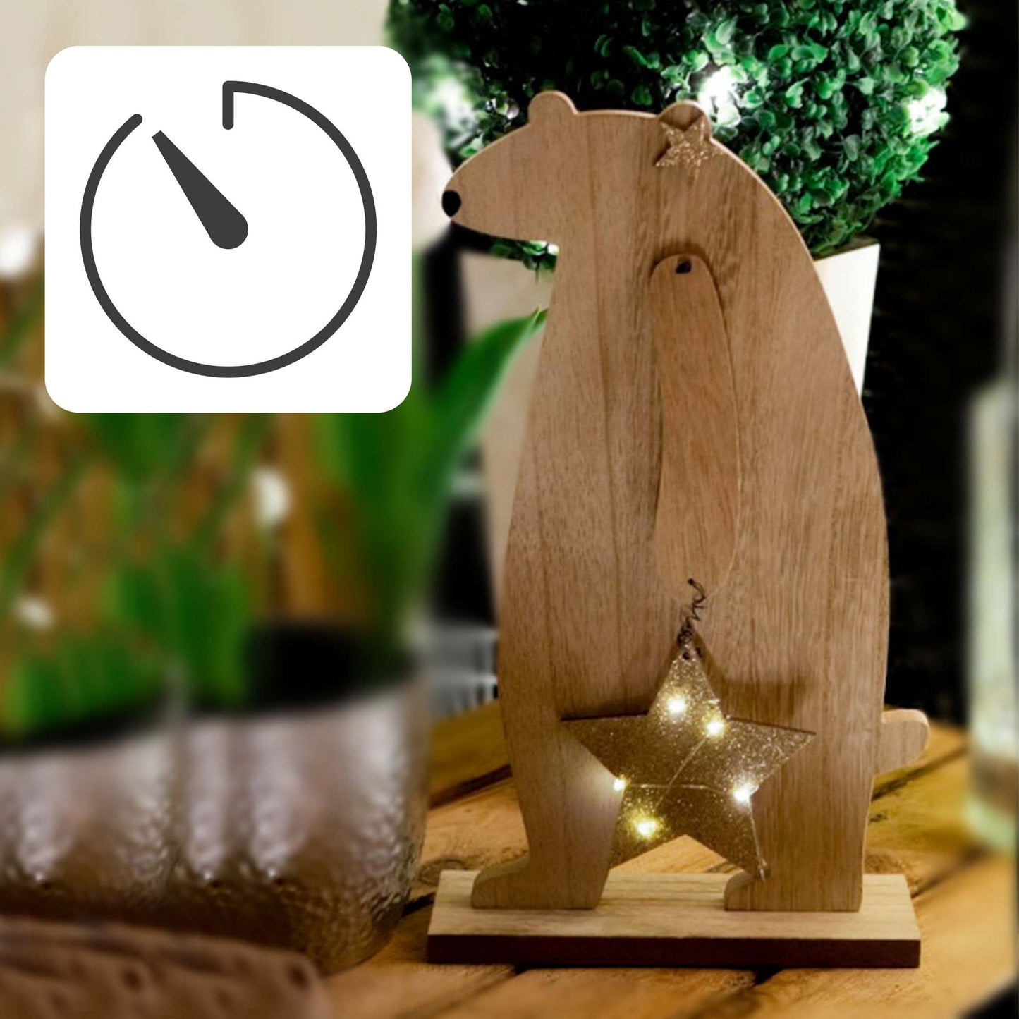 LED-Holz-Bär mit Stern, 5 LEDs ww, mit Timer, H: 36 cm, batteriebetrieben
