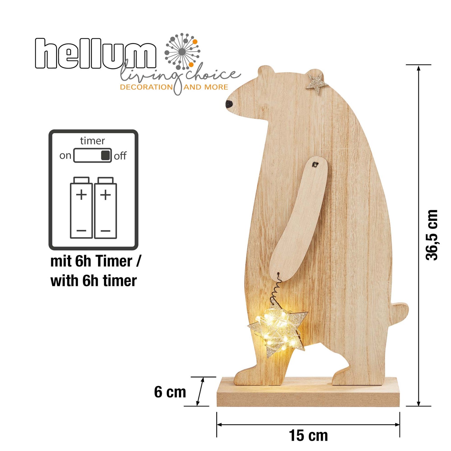 LED-Holz-Bär mit Stern, 5 LEDs ww, mit Timer, H: 36 cm, batteriebetrieben
