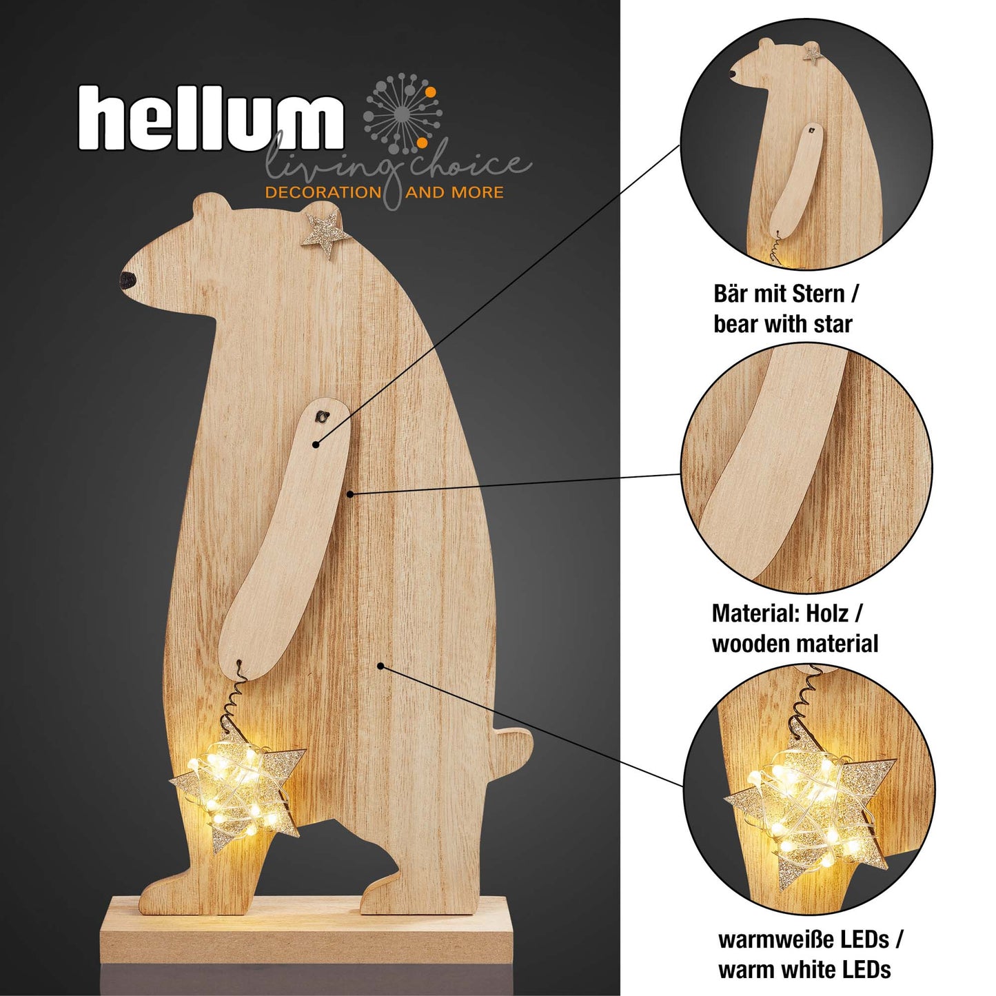 LED-Holz-Bär mit Stern, 5 LEDs ww, mit Timer, H: 36 cm, batteriebetrieben