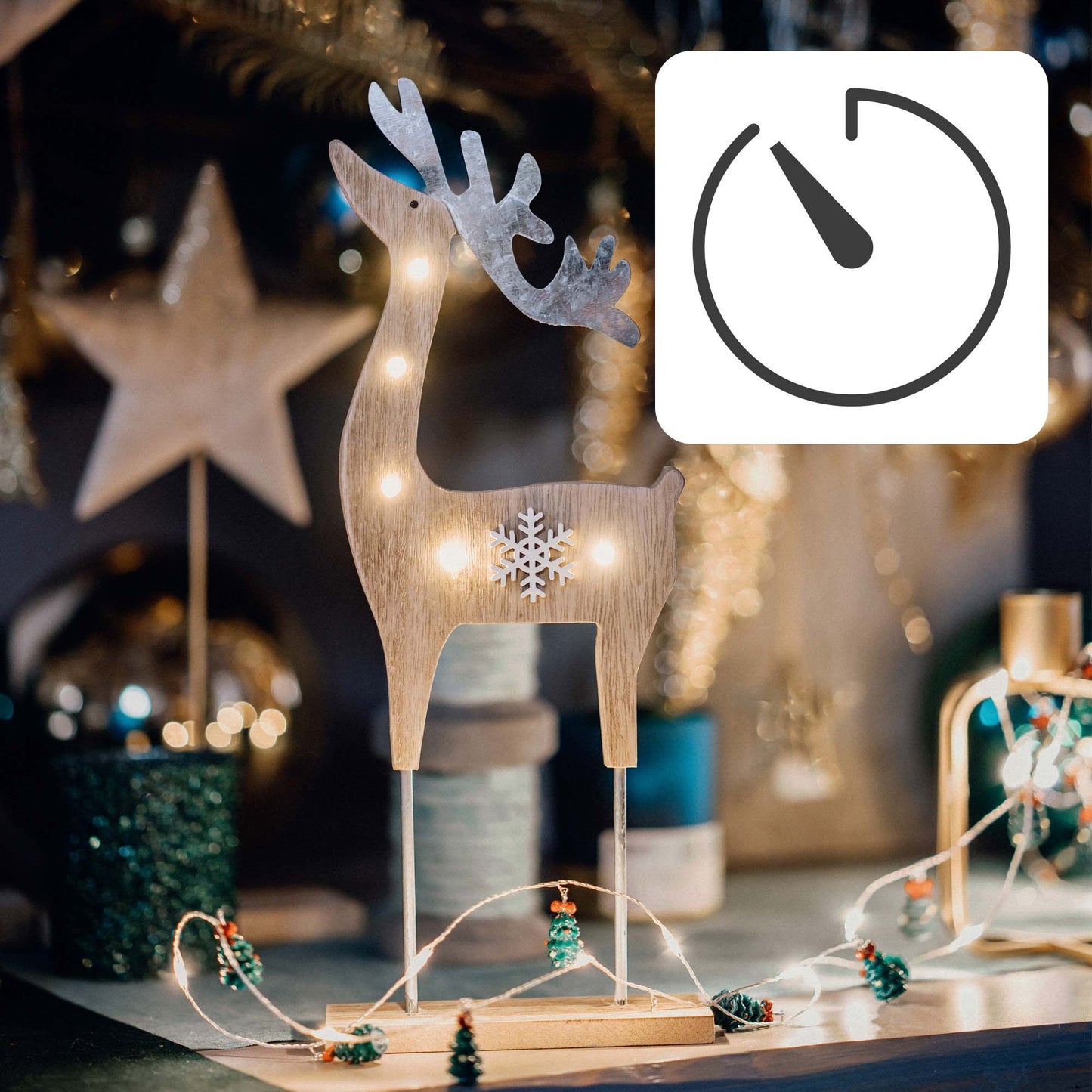 LED-Holz-Rentier mit Schneeflocke, 5 LEDs, mit Timer, batteriebetrieben