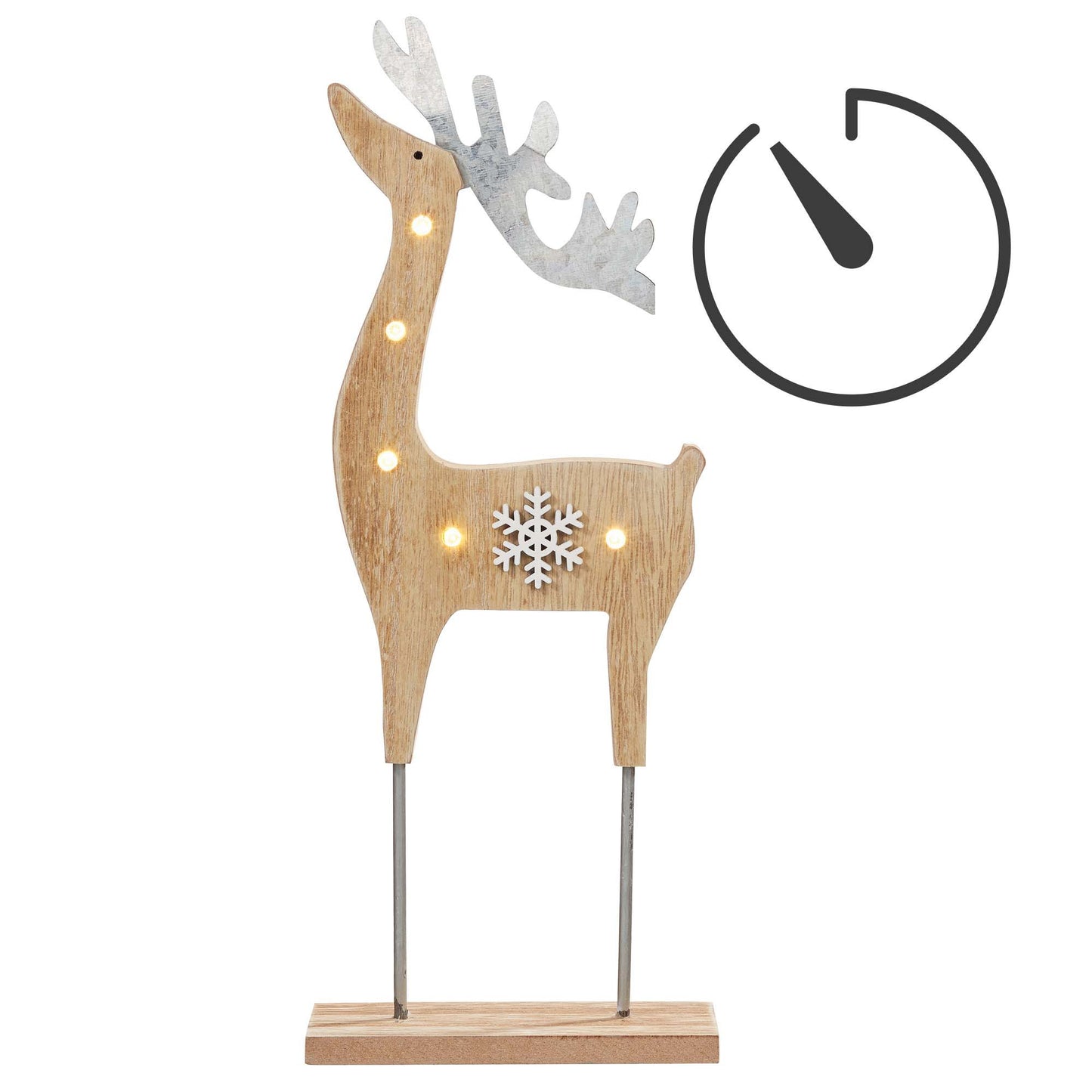 LED-Holz-Rentier mit Schneeflocke, 5 LEDs, mit Timer, batteriebetrieben