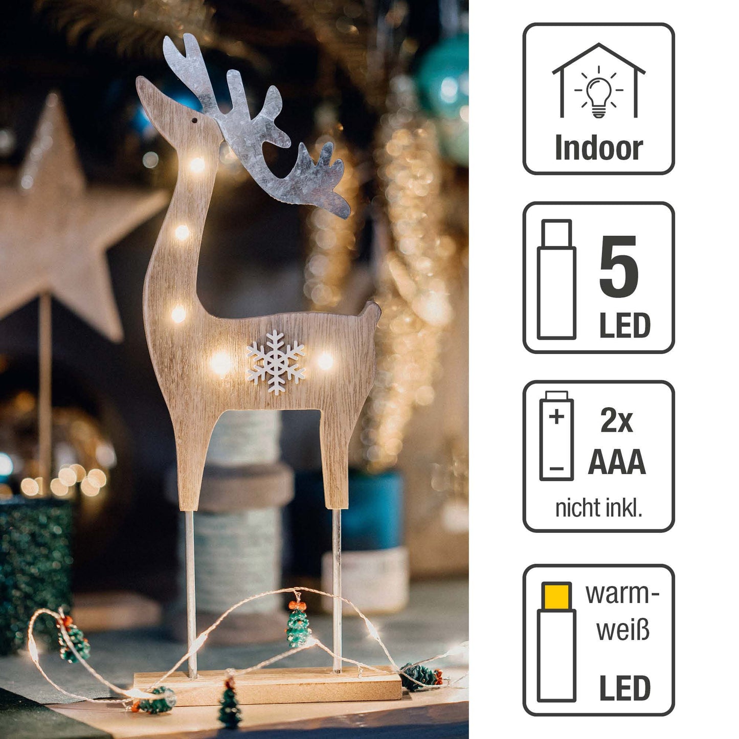 LED-Holz-Rentier mit Schneeflocke, 5 LEDs, mit Timer, batteriebetrieben