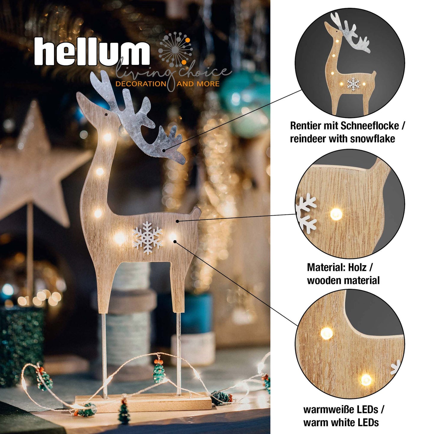 LED-Holz-Rentier mit Schneeflocke, 5 LEDs, mit Timer, batteriebetrieben