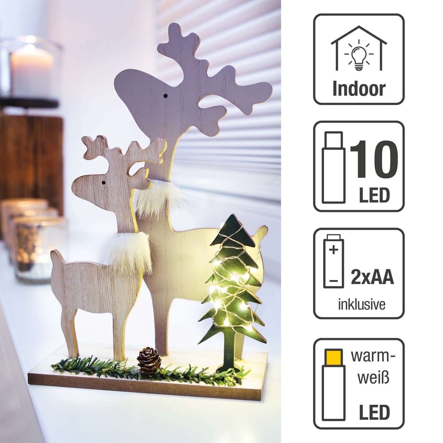 LED Holz-Rentier-Familie, 10 LEDs ww, 17x7x27 cm, mit Timer, batteriebetrieben