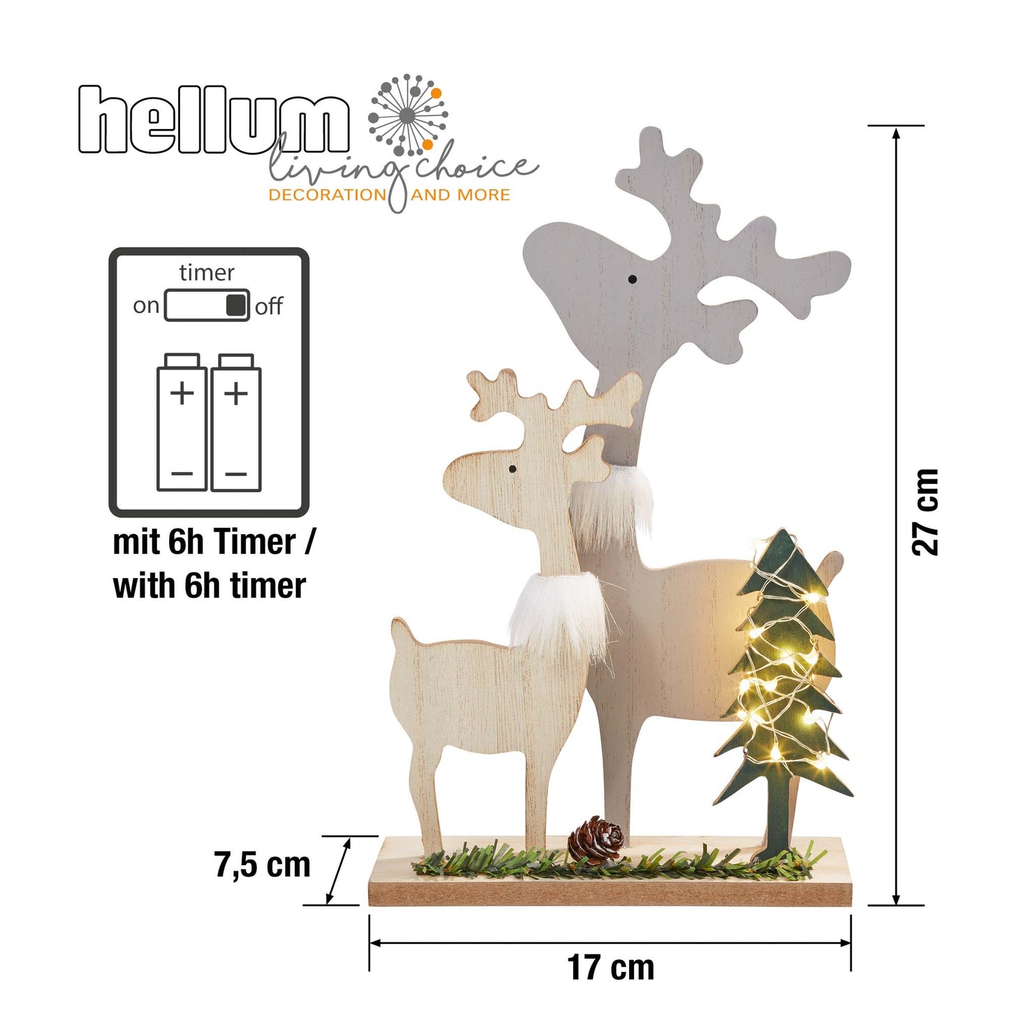 LED Holz-Rentier-Familie, 10 LEDs ww, 17x7x27 cm, mit Timer, batteriebetrieben