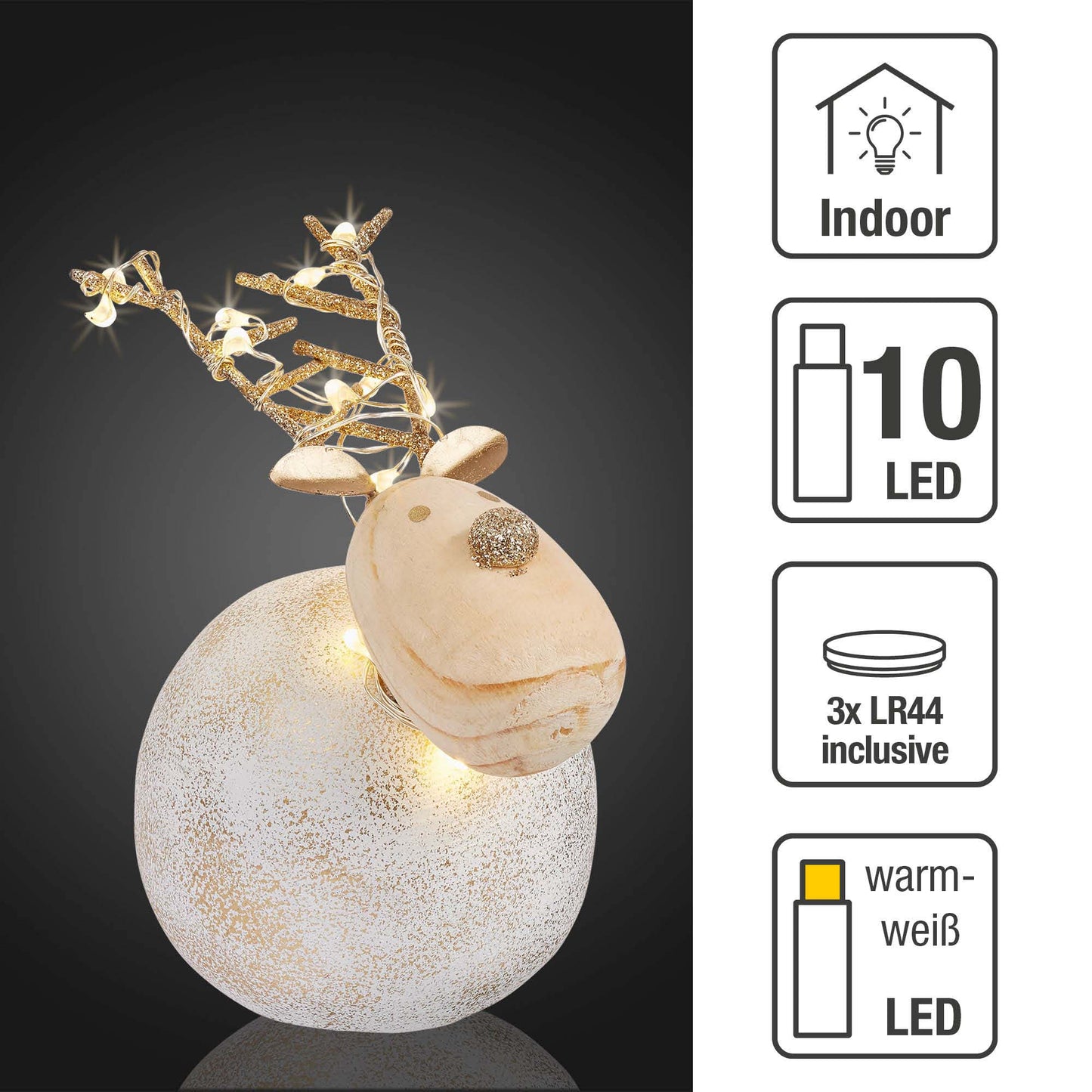 LED-Dekofigur "Beton-Rentier", 10x7 cm, 10 LEDs ww, batteriebetrieben