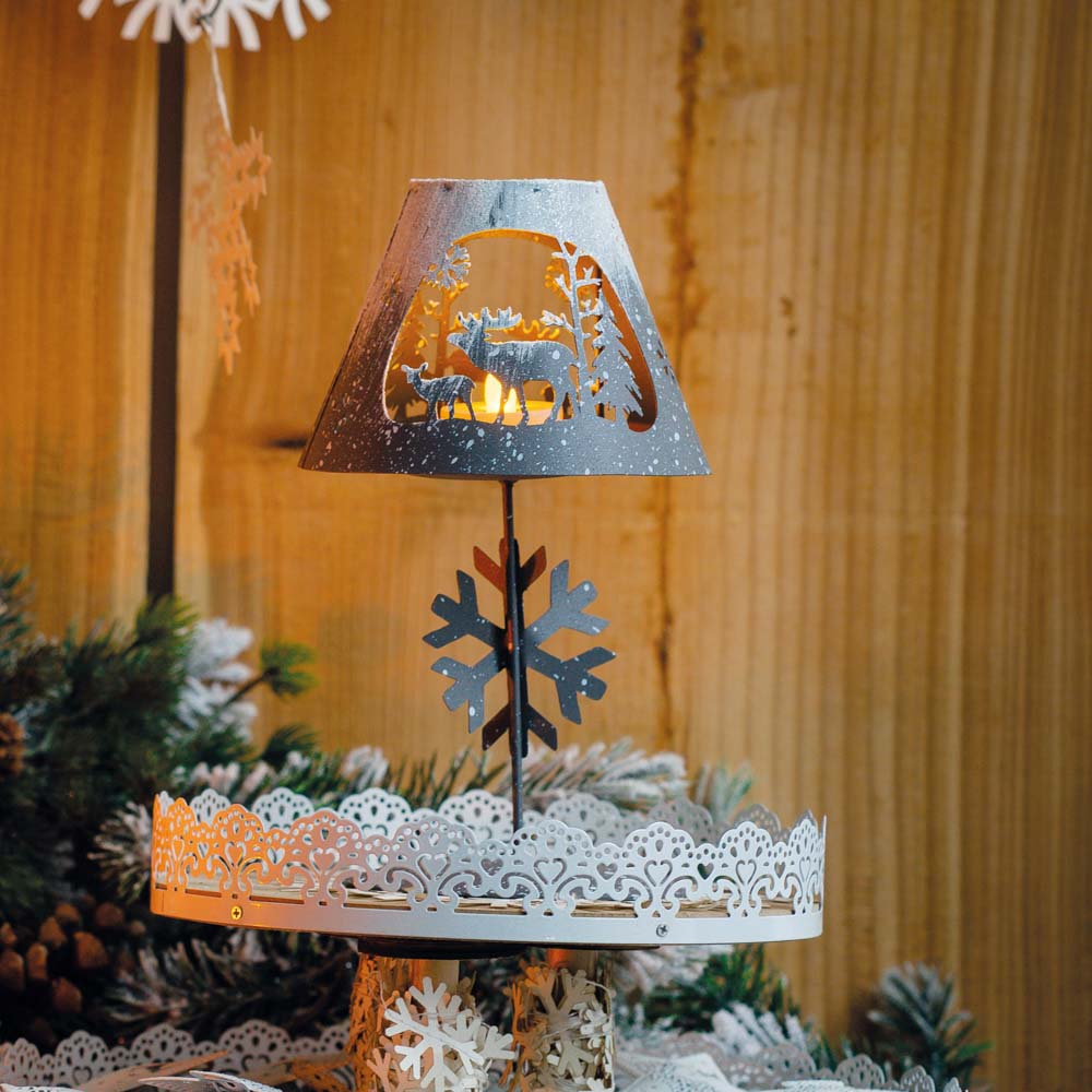 Deko-Lampenschirm mit Schneeflocke, Rentier-Familie und LED-Teelicht