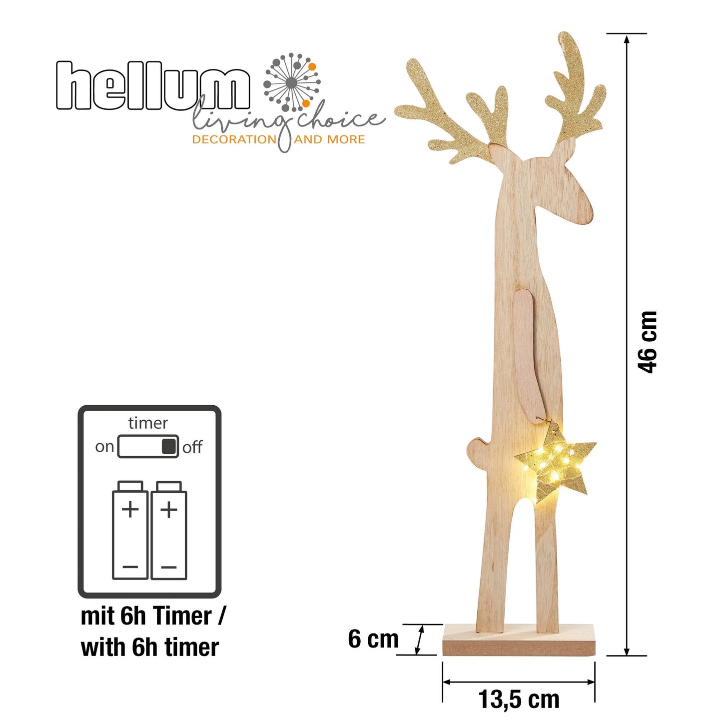 LED Holz-Rentier mit Stern, 5 LEDs ww, H: 44 cm, mit Timer, batteriebetrieben