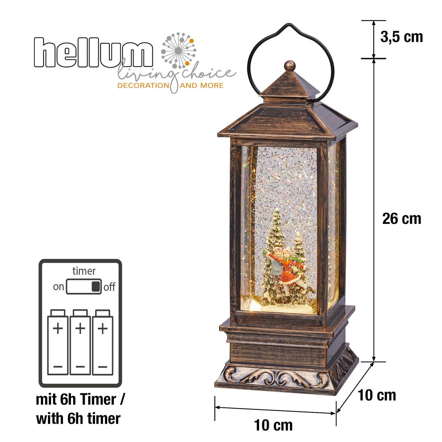LED Laterne, Schneekugel Weihnachten mit Eislaufpaar, innen mit Timerfunktion, Schneegestöber Laterne, batteriebetrieben 524345