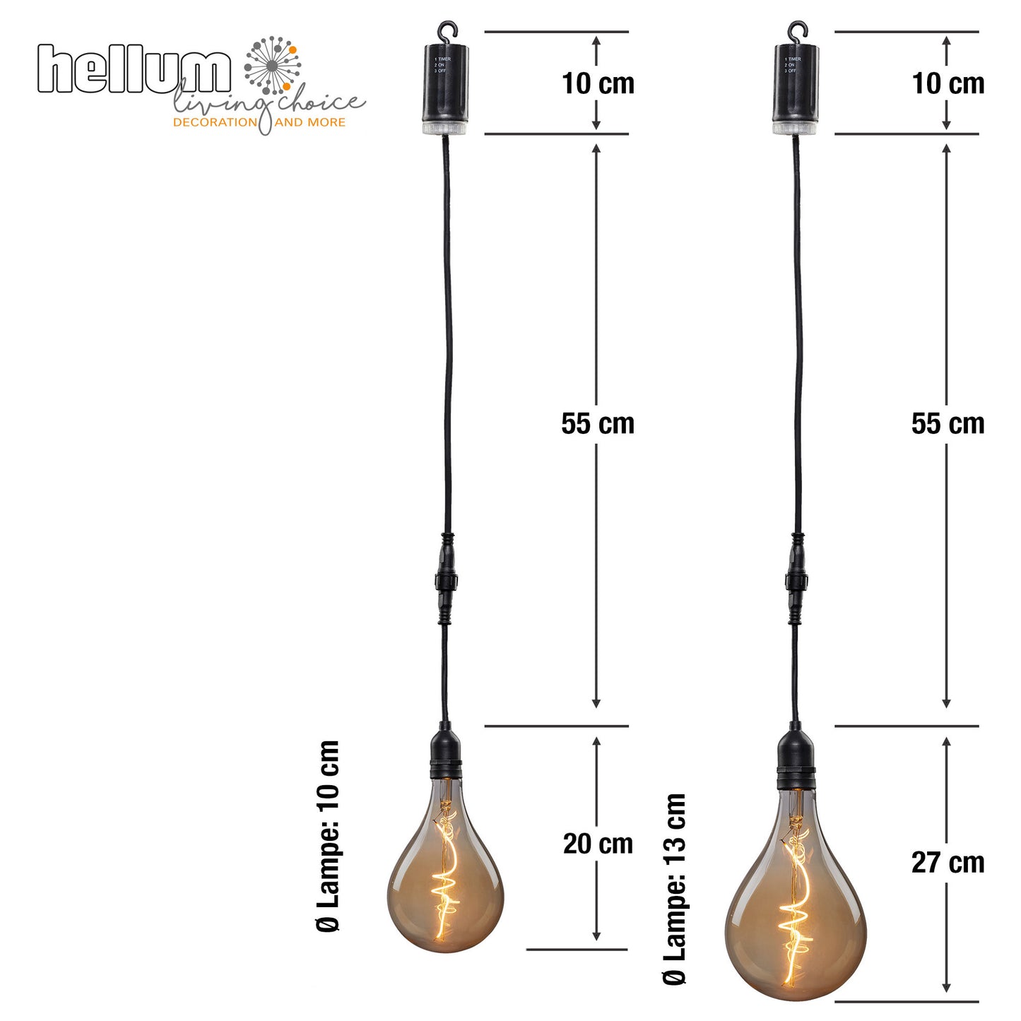 2-tlg. Set Vintage-Hängelampen, goldfarbene Lampen, mit LED-Spiral-Strang, A100 + A130, 10x20 + 13x23 cm, batteriebetrieben, für außen