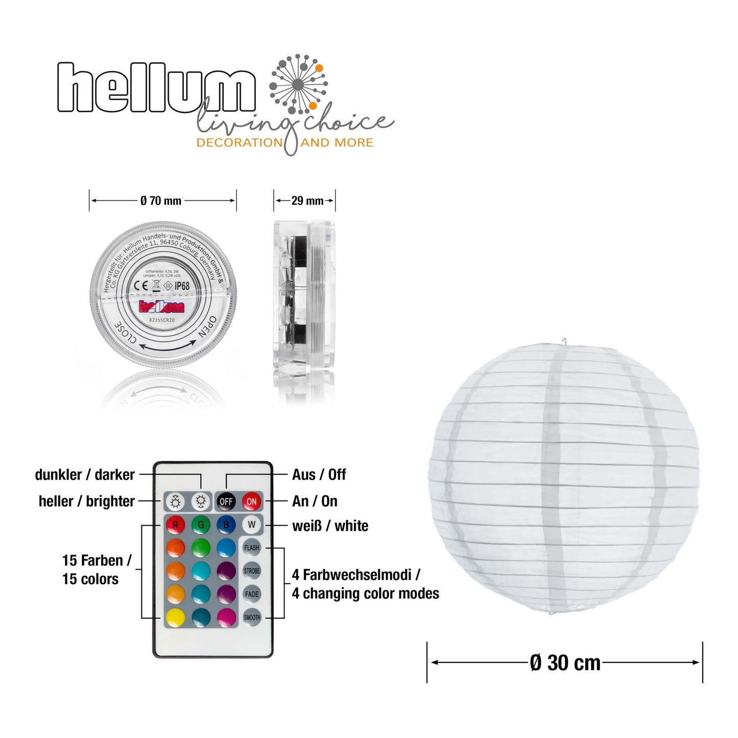 LED-Lampion weiß, 3 Stück/Set, bunte LED, mit Fernbedienung, batteriebetrieben