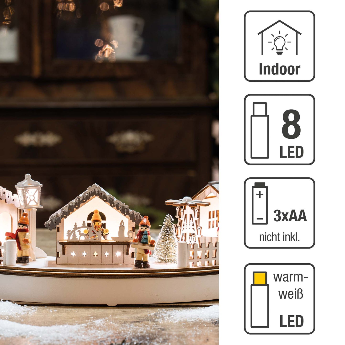 LED- Holz Stadt-Szenerie im Halbkreis, 8 LEDs ww, 39x8x18,5cm, mit 6 h Timer, batteriebetrieben.