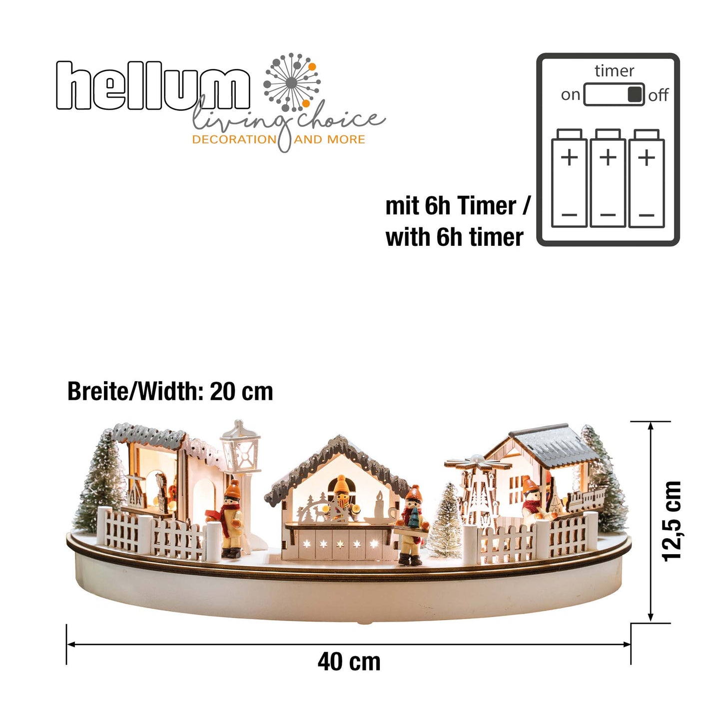LED- Holz Stadt-Szenerie im Halbkreis, 8 LEDs ww, 39x8x18,5cm, mit 6 h Timer, batteriebetrieben.