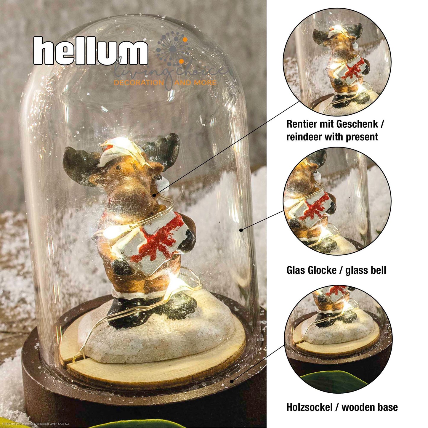 LED-Glas-Kuppel auf braunem Sockel, "Rentier mit Geschenk", 3 LEDs ww, inkl. Batterie