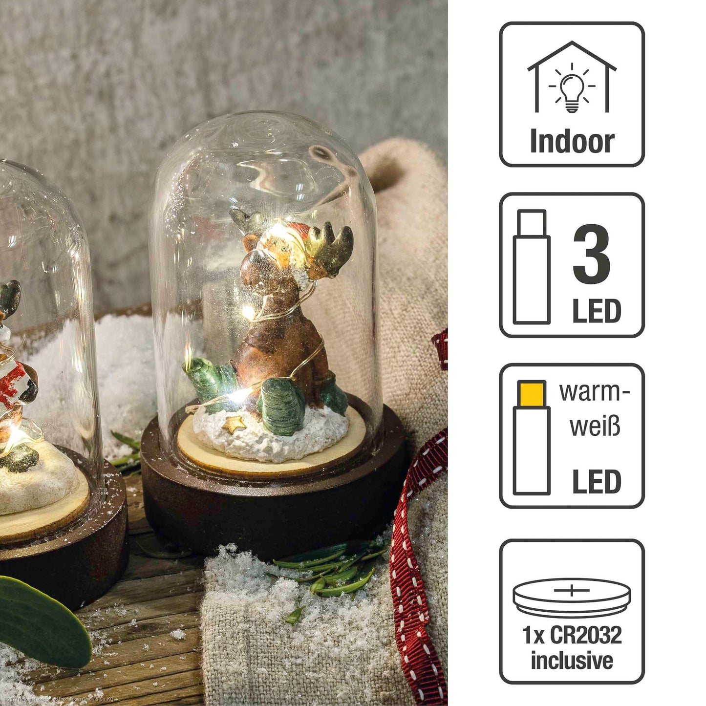 LED-Glas-Kuppel auf braunem Sockel, "Rentier sitzend", 3 LEDs ww, inkl. Batterie