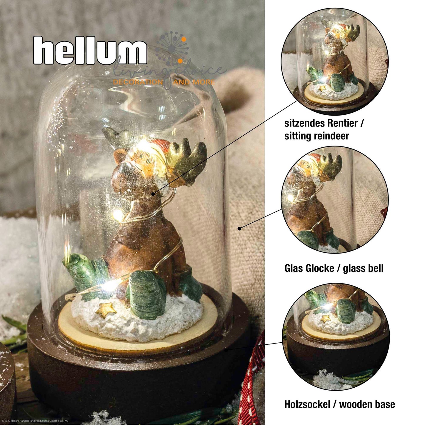LED-Glas-Kuppel auf braunem Sockel, "Rentier sitzend", 3 LEDs ww, inkl. Batterie