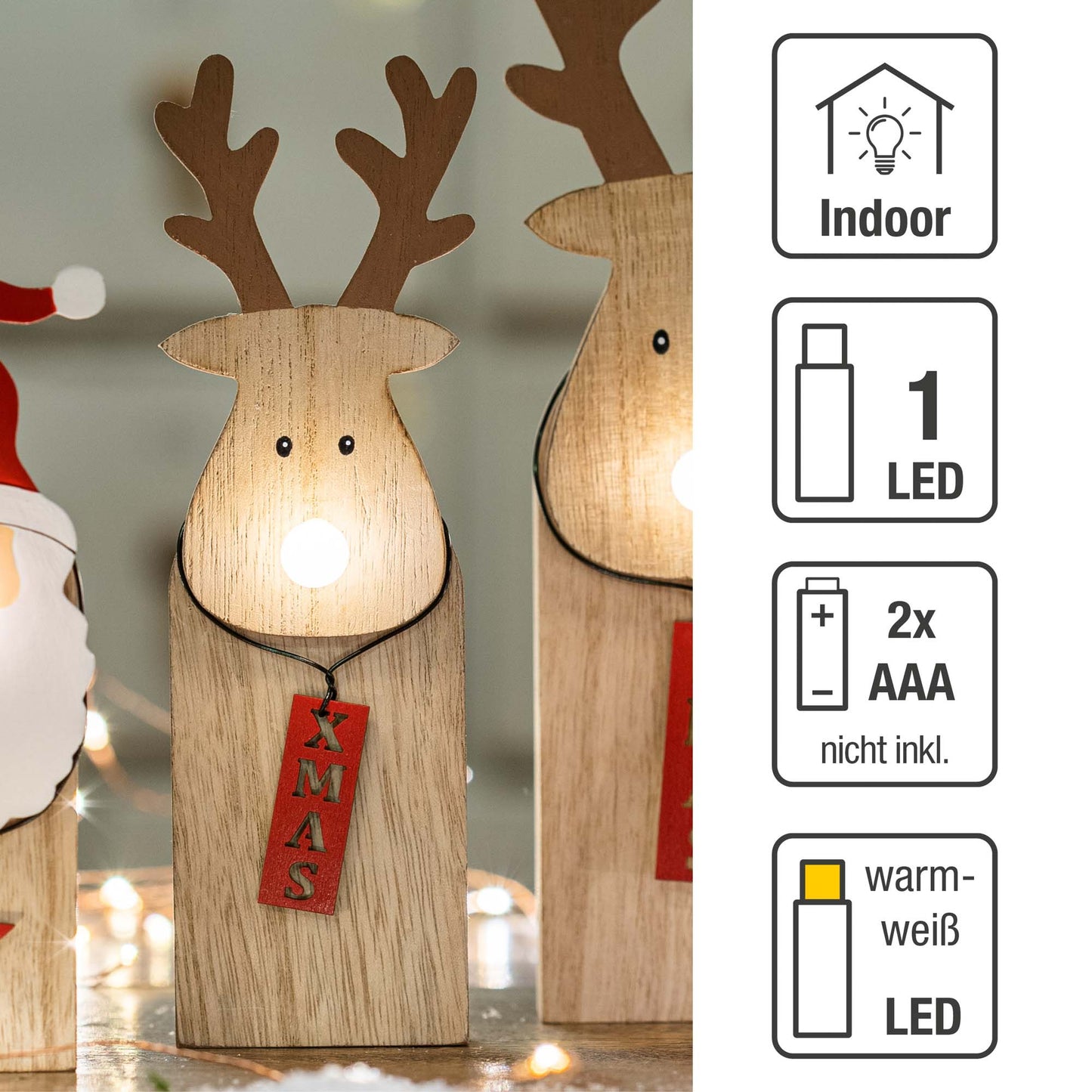 LED-Holz-Rentier mit leuchtender Nase, 1 LED ww, mit 6 h Timer, batteriebetrieben