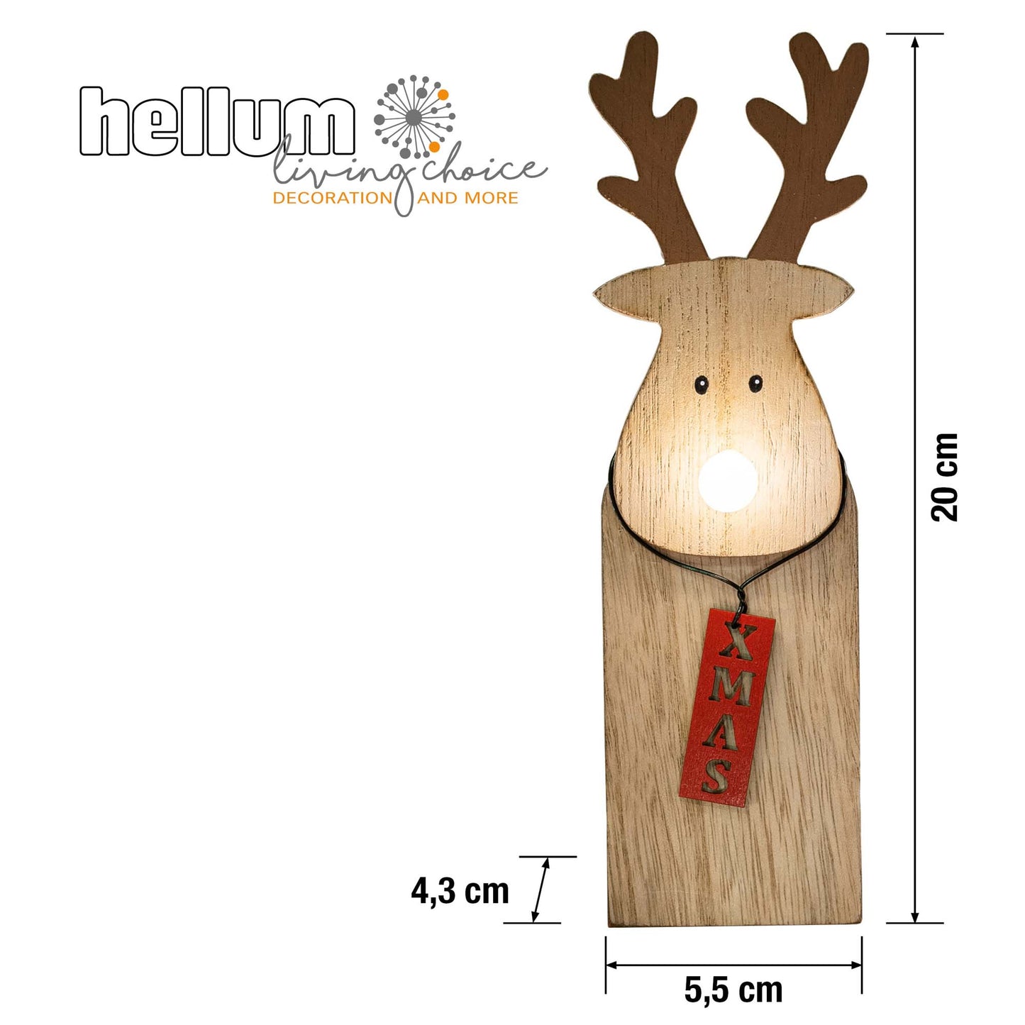 LED-Holz-Rentier mit leuchtender Nase, 1 LED ww, mit 6 h Timer, batteriebetrieben