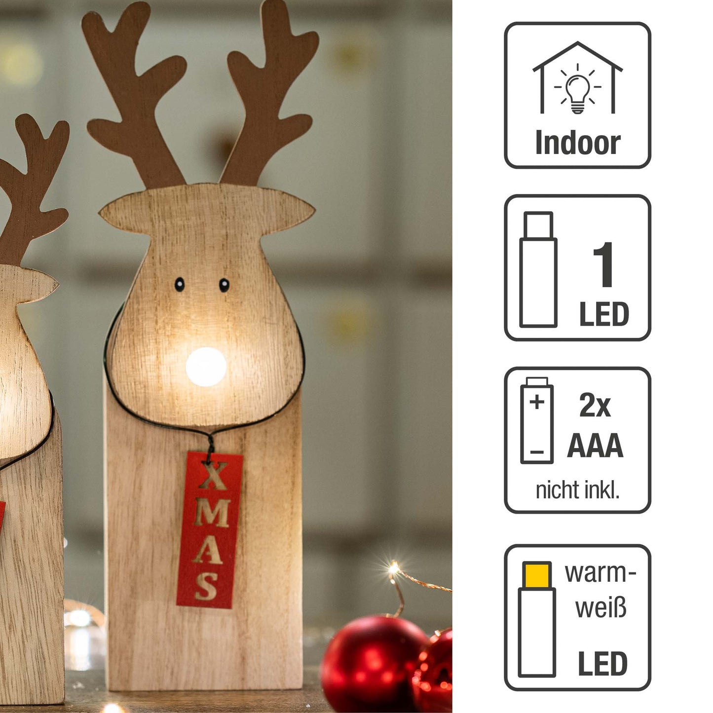 LED-Holz-Rentier mit leuchtender Nase, 1 LED ww, mit 6 h Timer, batteriebetrieben