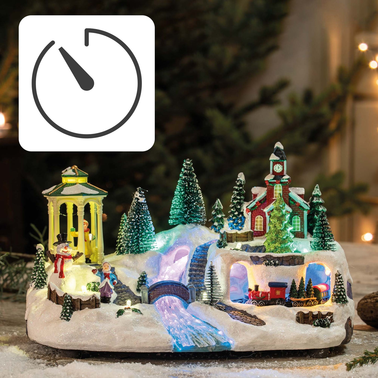 LED-Weihnachtsdorf, Fiberoptik-Stil, fahrender Zug 8 Musik, 8 Weihnachtslieder, LEDs bunt
