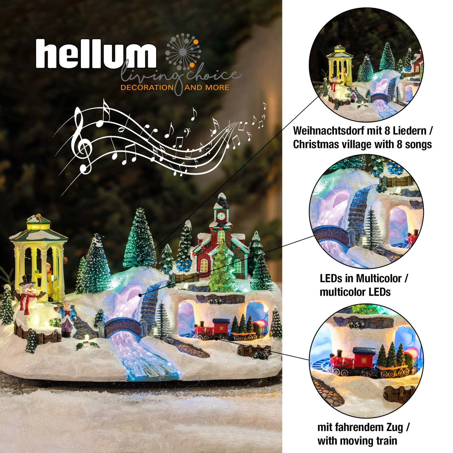 LED-Weihnachtsdorf, Fiberoptik-Stil, fahrender Zug 8 Musik, 8 Weihnachtslieder, LEDs bunt