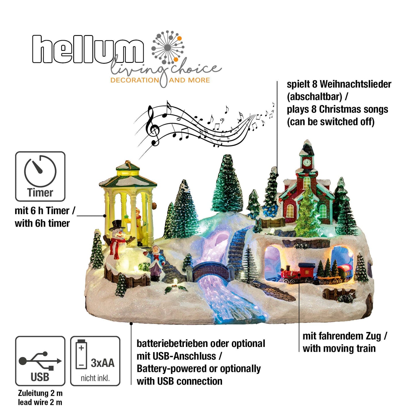 LED-Weihnachtsdorf, Fiberoptik-Stil, fahrender Zug 8 Musik, 8 Weihnachtslieder, LEDs bunt