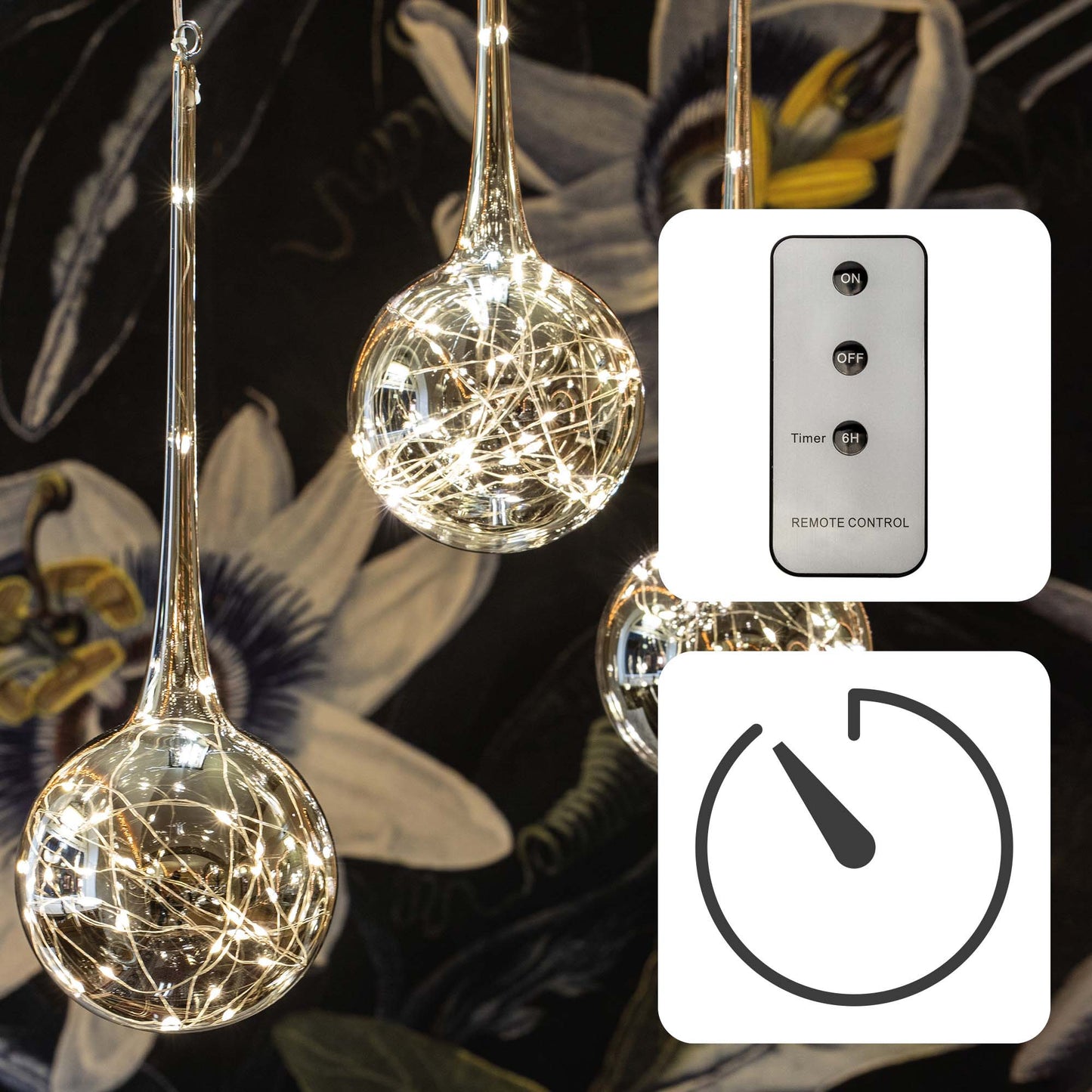 LED-Glas-Tropfen mit Lichterkette, 30 LEDs warm-weiß, beschichtetes Glas "Smokey", Innen-Transformator