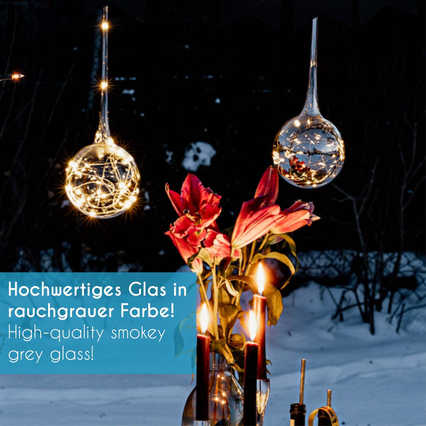 LED-Glas-Tropfen mit Lichterkette, 30 LEDs warm-weiß, beschichtetes Glas "Smokey", Innen-Transformator