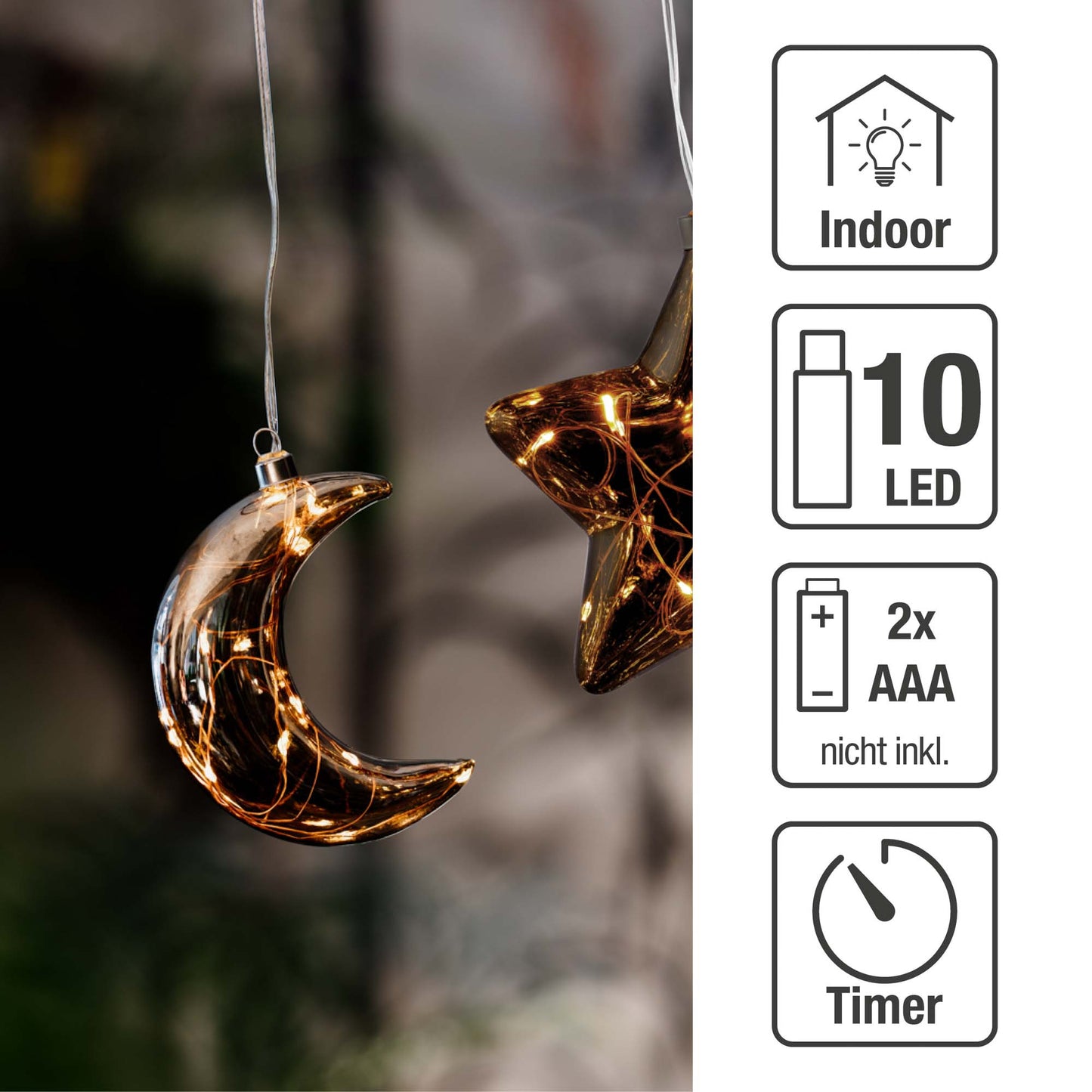 LED-Glas-Mond, rauchgrau, mit Lichterkette "Tauperlen", 10 LEDs bernsteinfarbene, 6 h Timer