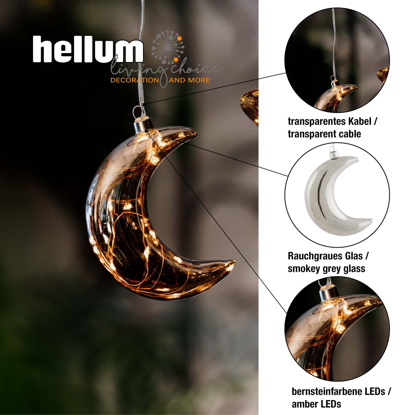 LED-Glas-Mond, rauchgrau, mit Lichterkette "Tauperlen", 10 LEDs bernsteinfarbene, 6 h Timer