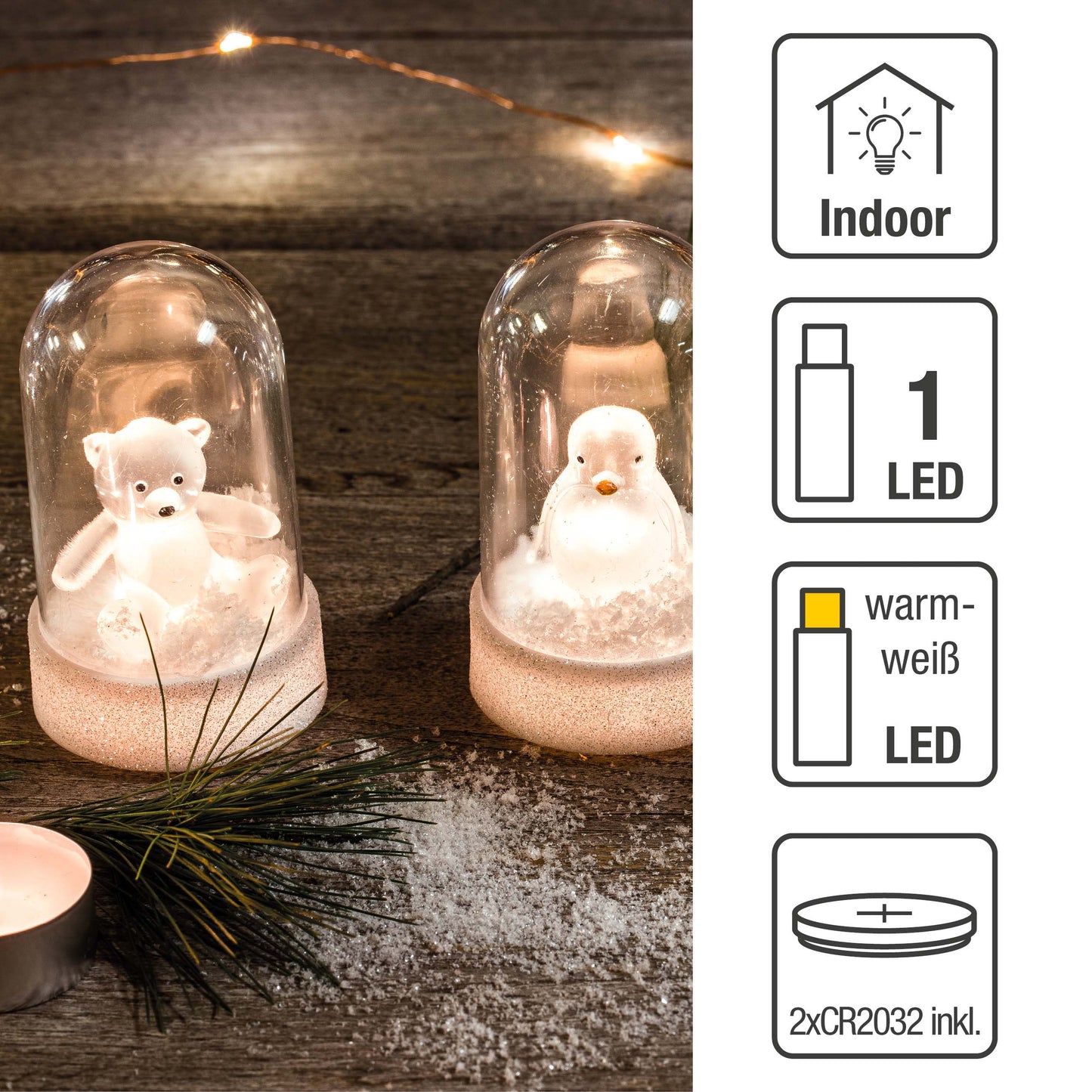 LED-Kuppel auf weißem Sockel, 1 LED ww, mit Acryl-Teddybär, mit Timer, batteriebetrieben