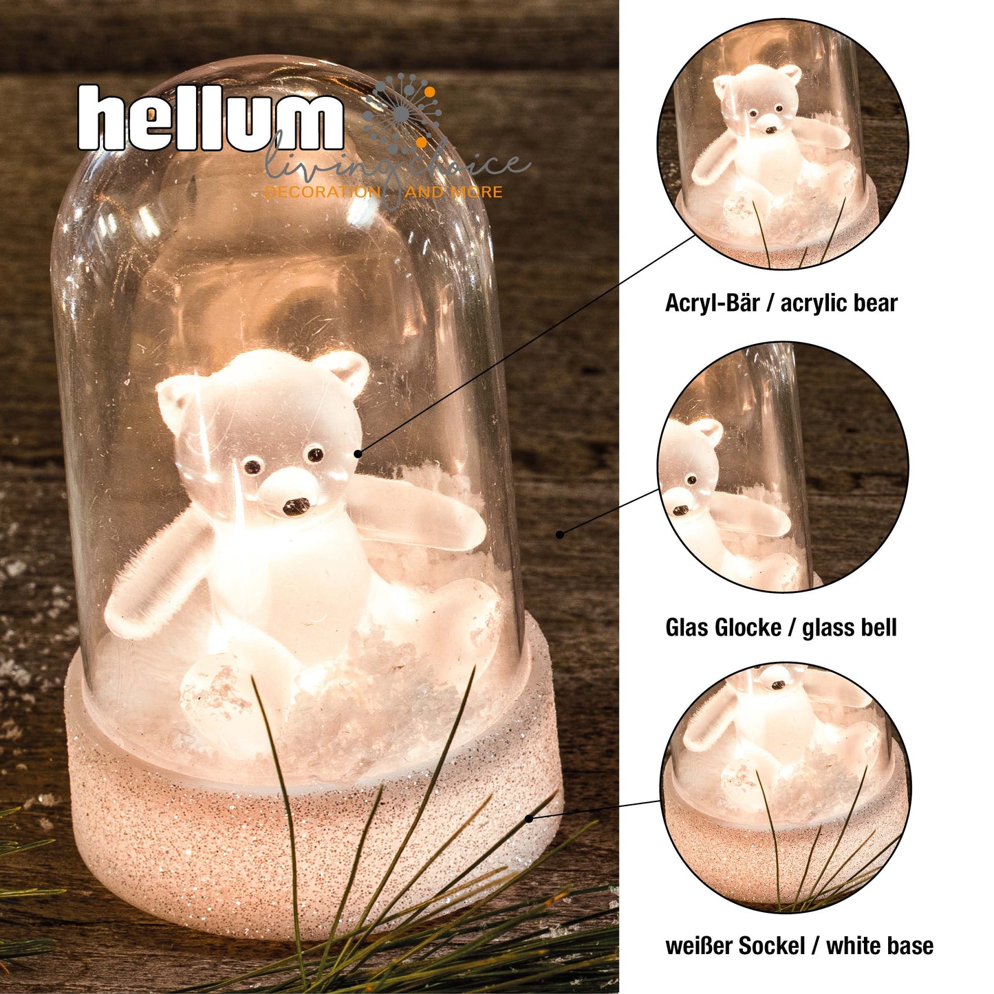LED-Kuppel auf weißem Sockel, 1 LED ww, mit Acryl-Teddybär, mit Timer, batteriebetrieben