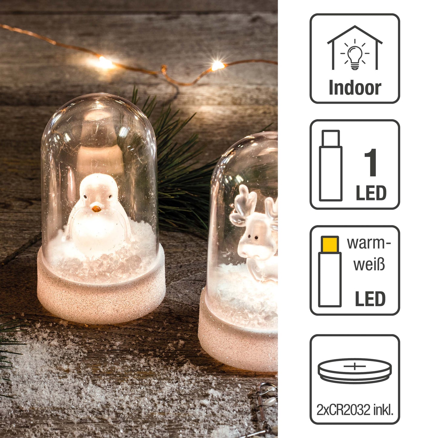 LED-Kuppel auf weißem Sockel, 1 LED ww, mit Acryl-Pinguin, mit Timer, batteriebetrieben