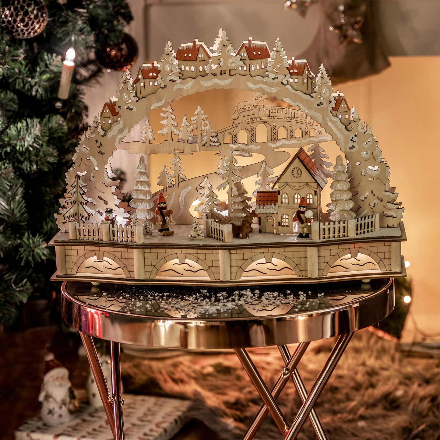 LED-Holzleuchter „Winterliche Dorfszene mit Eisenbahn“, mit 6h-Timer, batteriebetrieben #1_525007