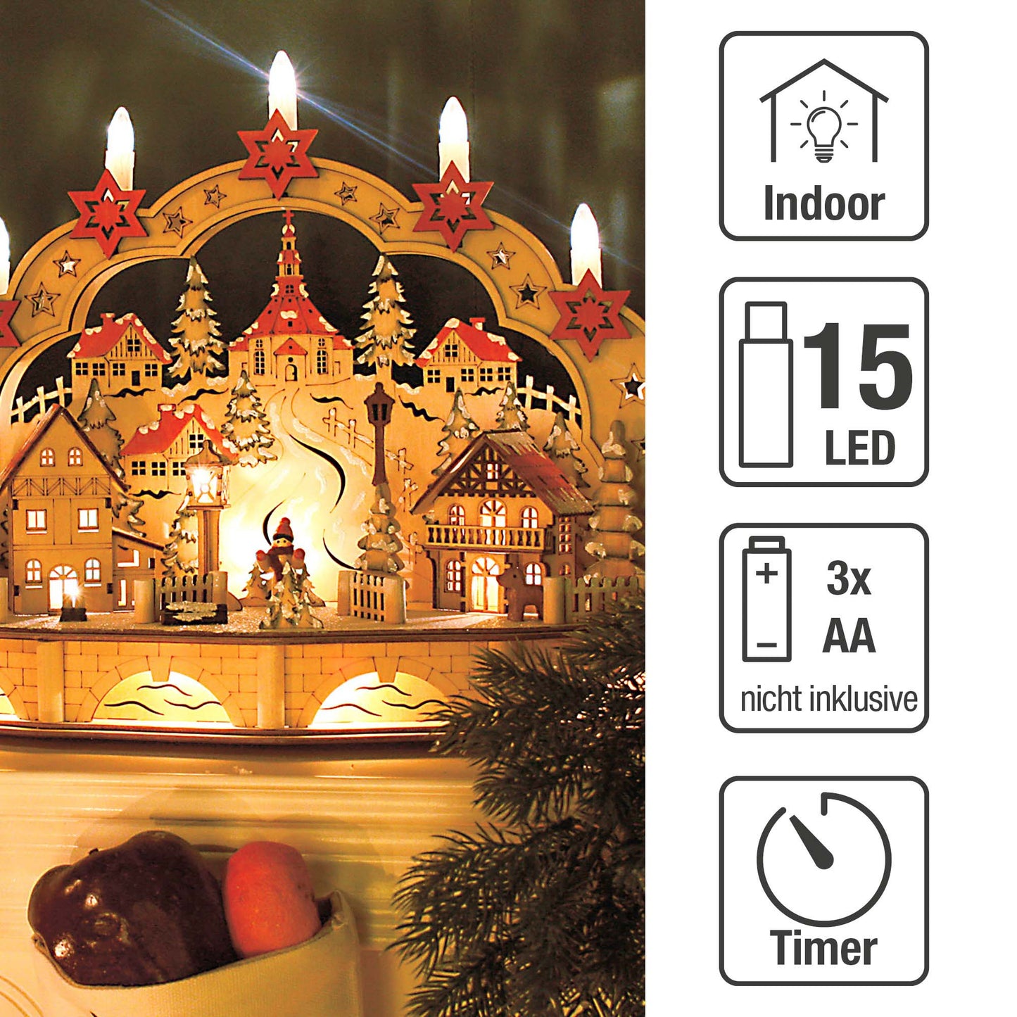 LED-Holzleuchter „Winterliches Dorf mit Seiffener Kirche", mit 6h-Timer, batteriebetrieben