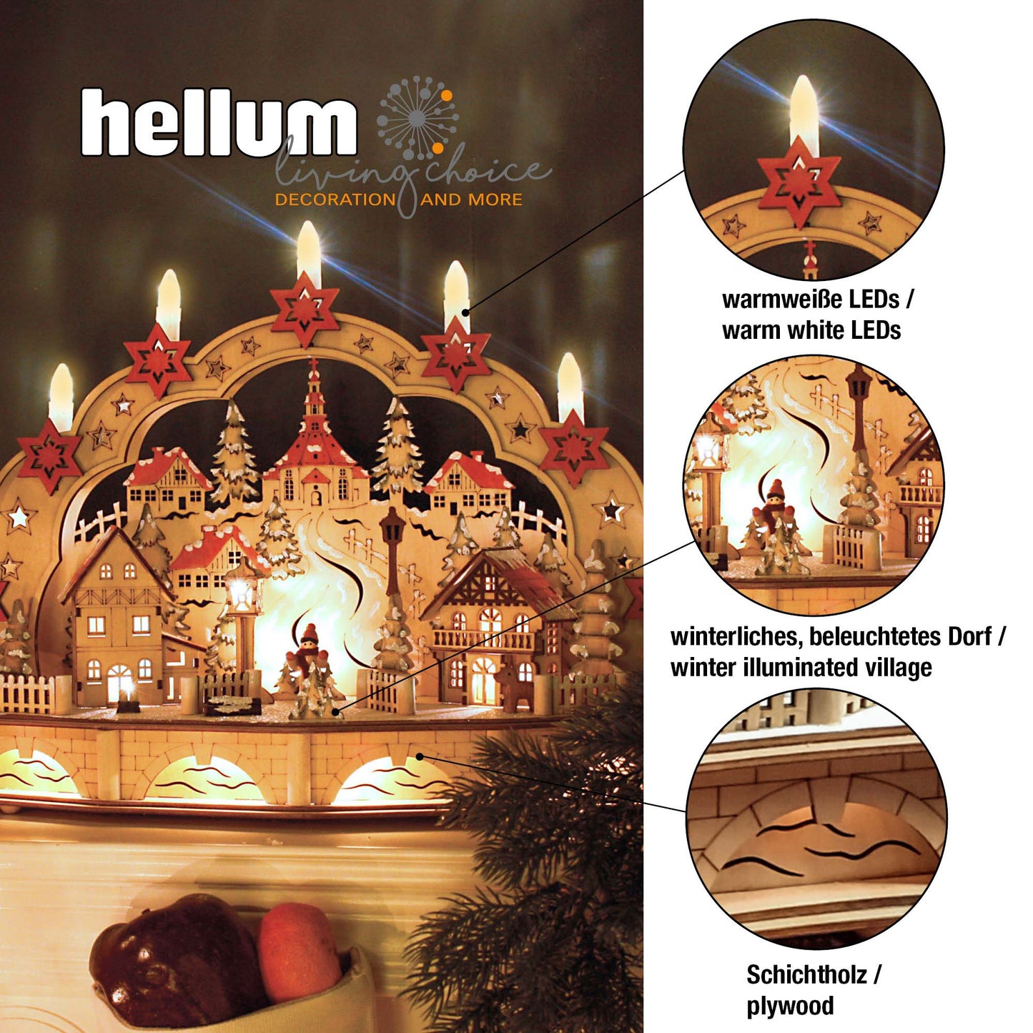 LED-Holzleuchter „Winterliches Dorf mit Seiffener Kirche", mit 6h-Timer, batteriebetrieben