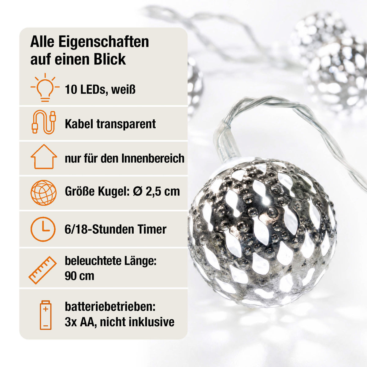 LED Lichterkette mit Metallbällen innen, 10 LED weiß, 0,9 m beleuchtet, transparentes Kabel, mit Timer, batteriebetrieben