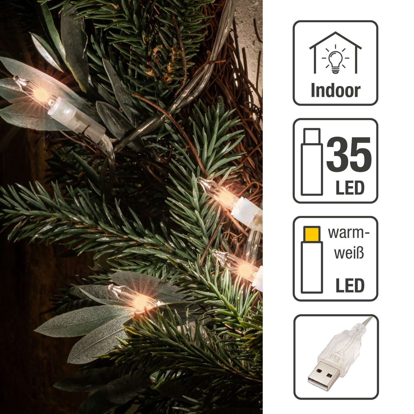 35-tlg. LED-Lichterkette, warm-weiß, transparentes Kabel, USB -Anschluss
