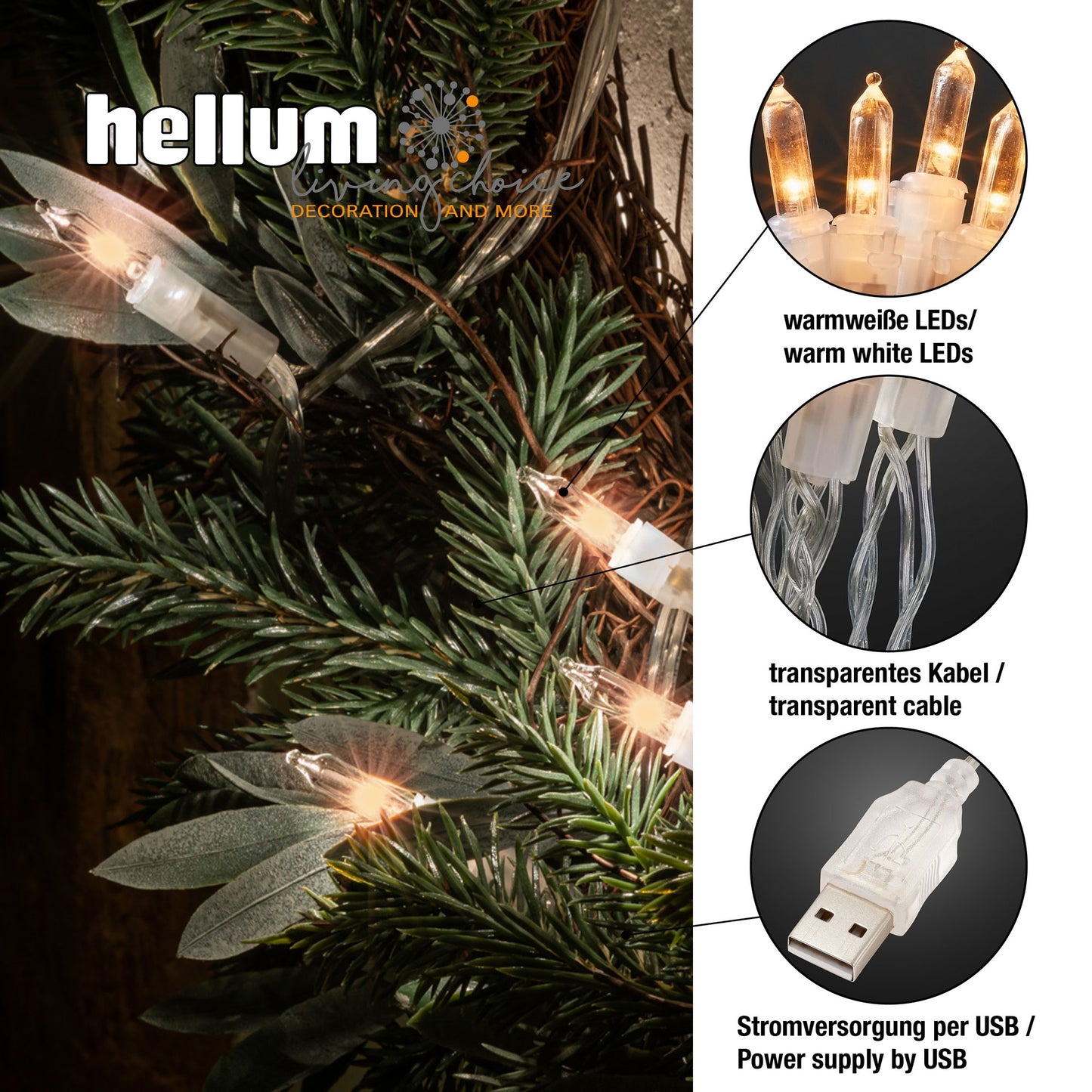 35-tlg. LED-Lichterkette, warm-weiß, transparentes Kabel, USB -Anschluss