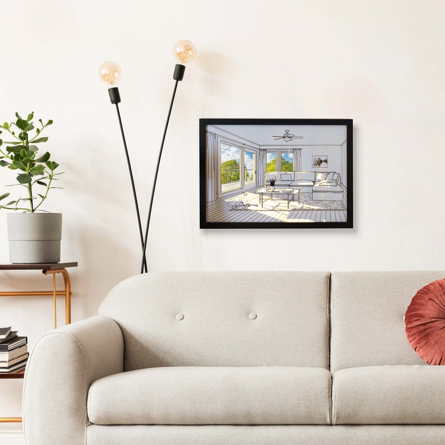 LED Bilderrahmen "Wohnzimmer mit Hund", mit Timer und Dimmfunktion, batteriebetrieben