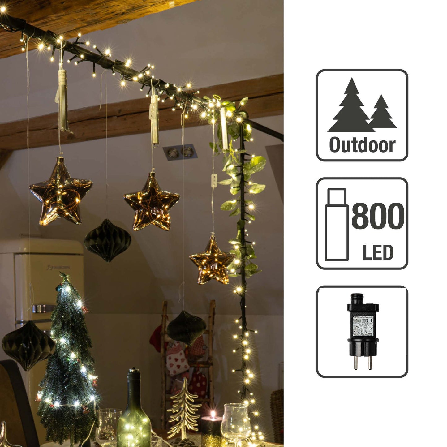 LED-Cluster-Lichterkette 800 LEDs ww, mit Timer, Außen-Transformator
